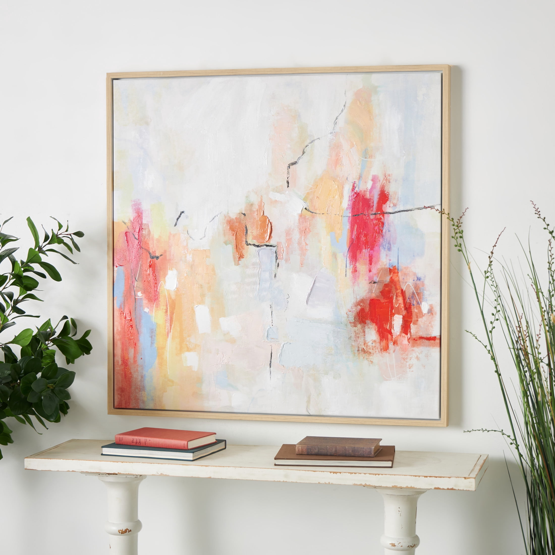 40" x 40" Watercolor Blotch Abstract Framed Wall Art with Light Brown Frame, by DecMode