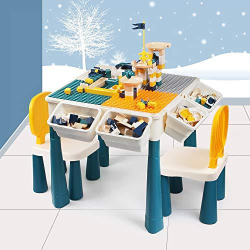 Frifer 5 in 1 Multi Kids Activity Building Table with Children's Table 130Pcs Blocks and 1 Chair Set and 4 Storage Boxes Kids Building Blocks Table and Chair Set Suitable for Boys and Girls