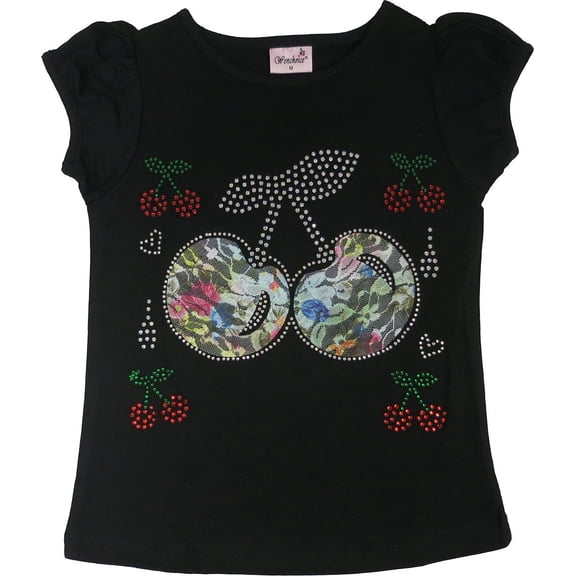 Wenchoice Girl'S Black Lace Cherry Rhinestone Tee XL(7T-8T)