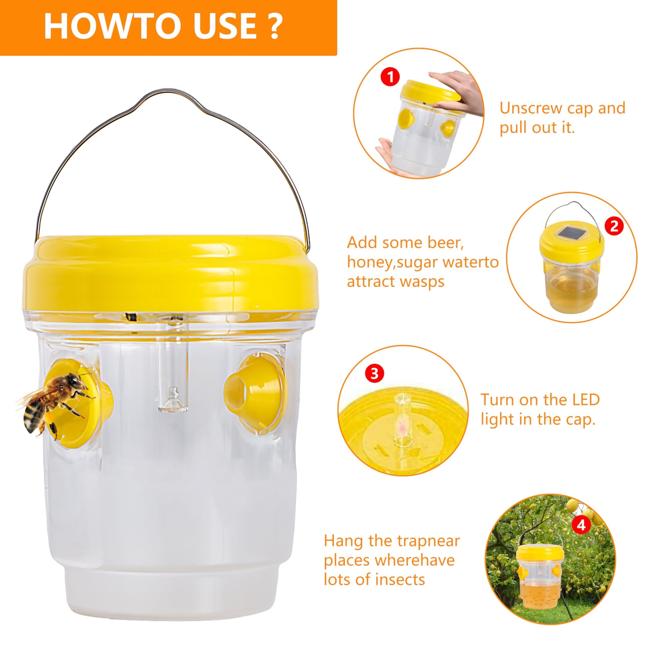 3 Pack Wasp Traps Outdoor Hanging, Solar Bee Trap for Outside, Hornet Traps, Bee Wasp Catcher Outside Garden