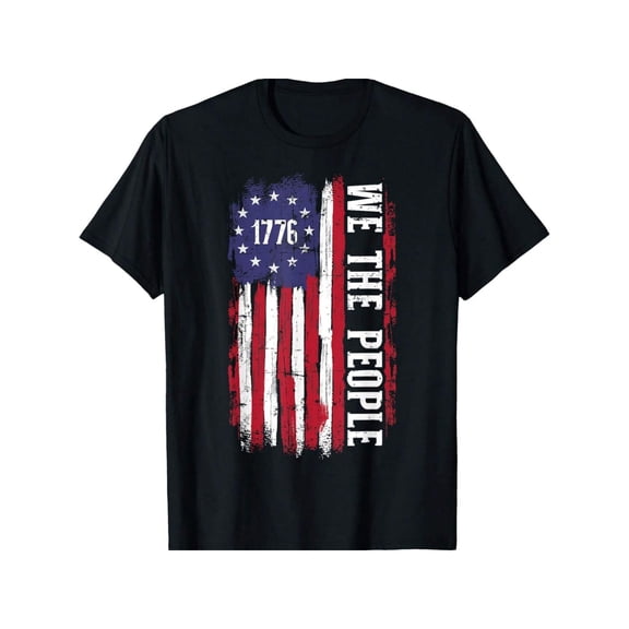 Patriotic We The People 1776 American Flag Men's Short Sleeve T-Shirt, Distressed Vintage Style Cotton Graphic Tee