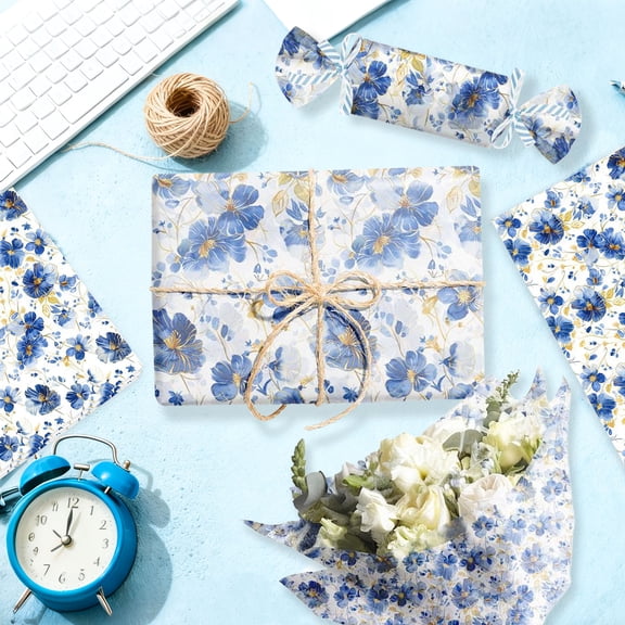 Blue Gold Rose Tissue Paper Set - 50 Sheets Elegant French Pastoral Floral Design for Parties & Gifts