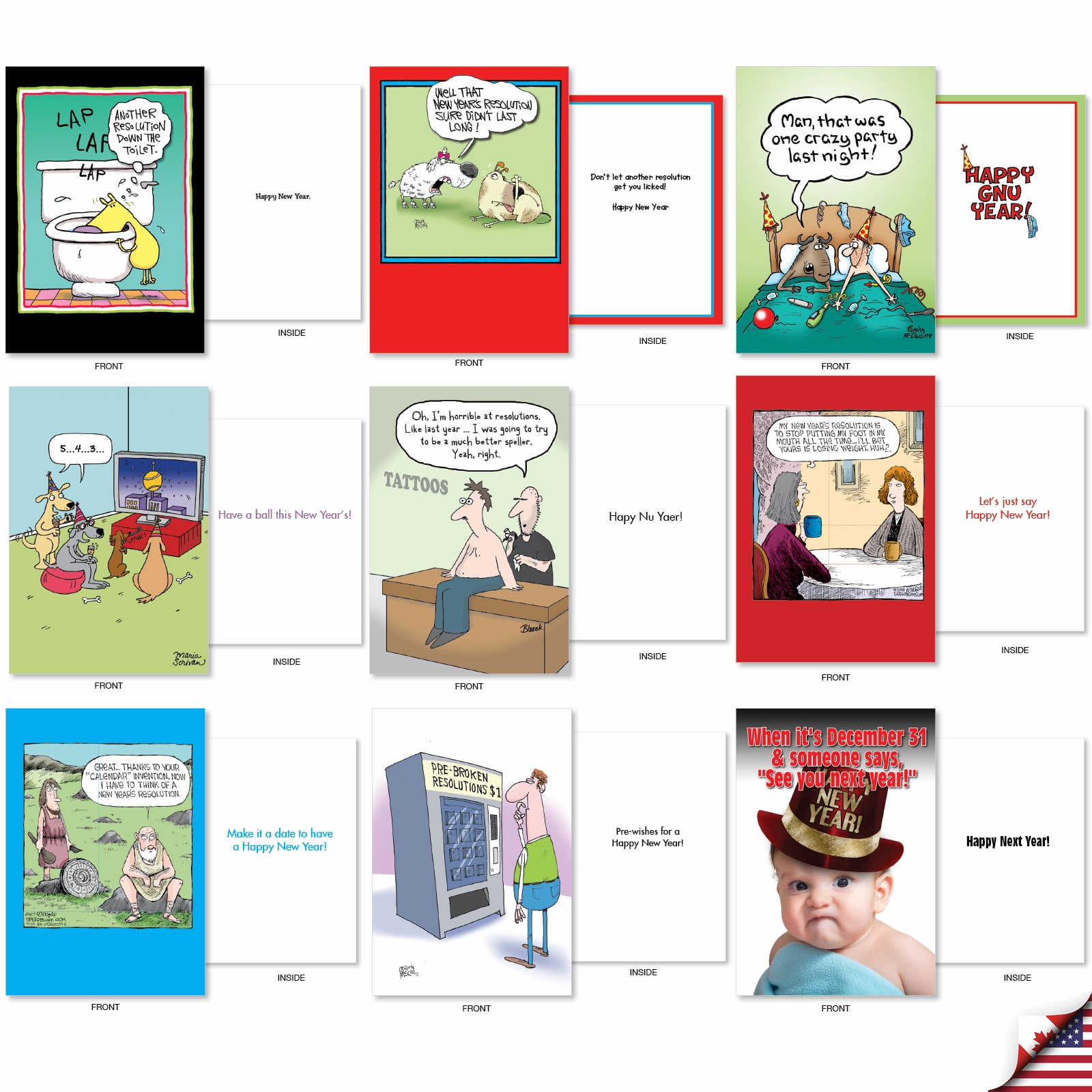 36 Assorted Set Hysterical New Year Greeting Cards - New Year Laughs - Funny Illustrations with Various Characters and Themes