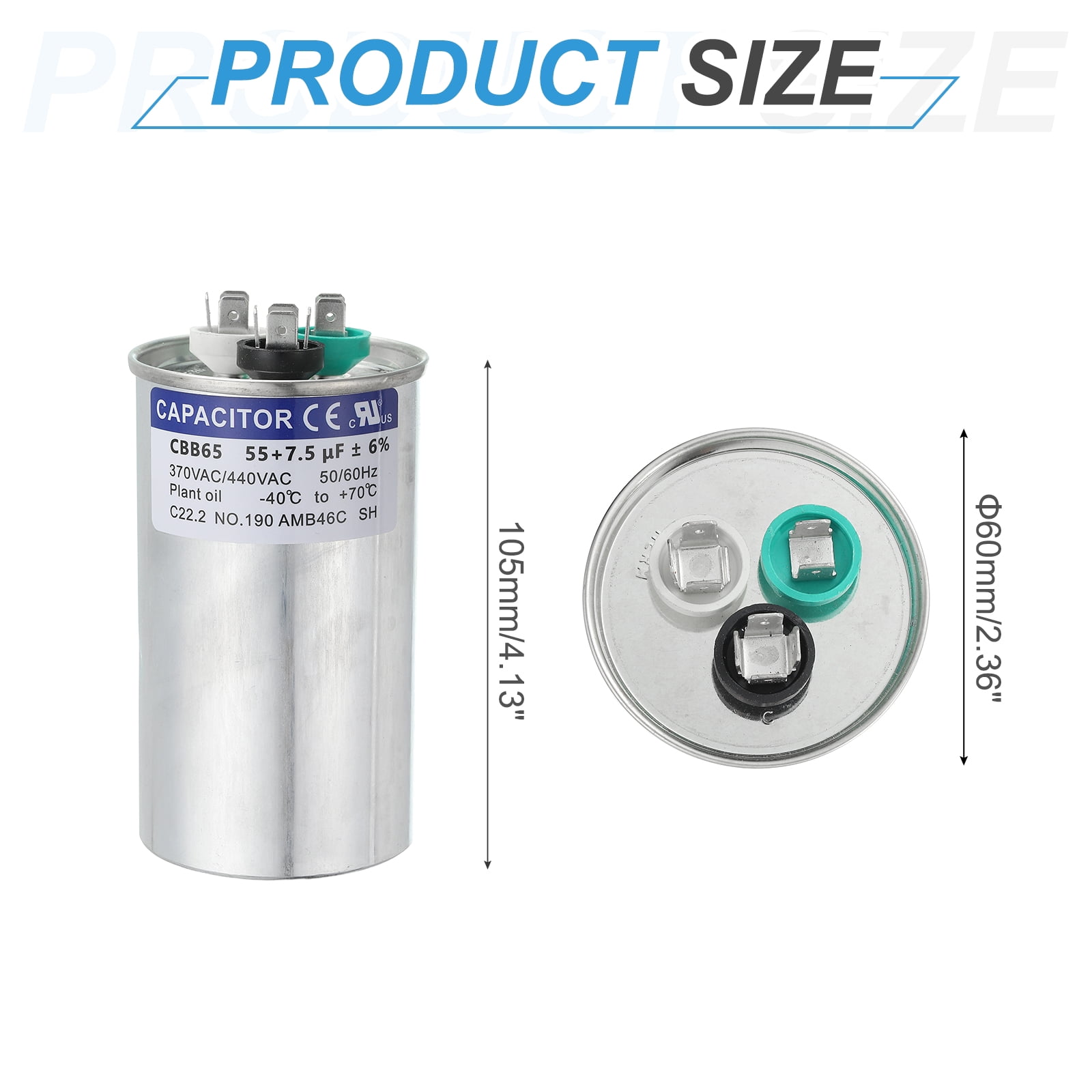 Uxcell CBB65 Capacitor, 55+7.5uF 370-440 VAC 50/60Hz Aluminium CBB65 Air Conditioner Motor Starting Round Capacitor for HVAC Systems, Air Conditioner, Heat Pump