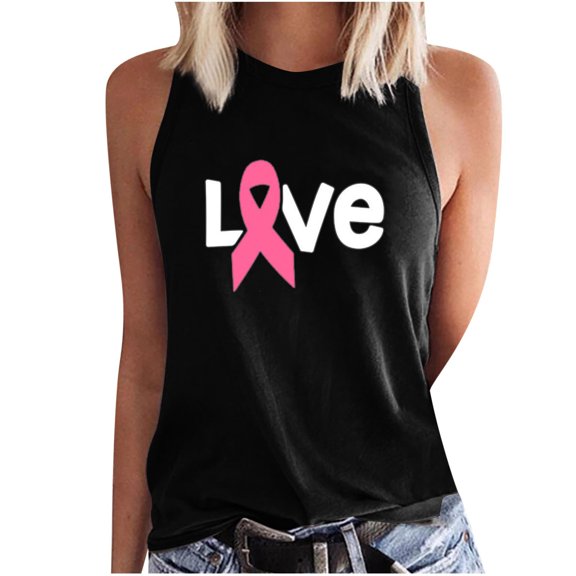 IROINNID Breast Cancer Tank for Women Breast Cancer Awareness Casual Sleeveless Printed Ladies Round Neck Blouses Tops T-Shirt,Black