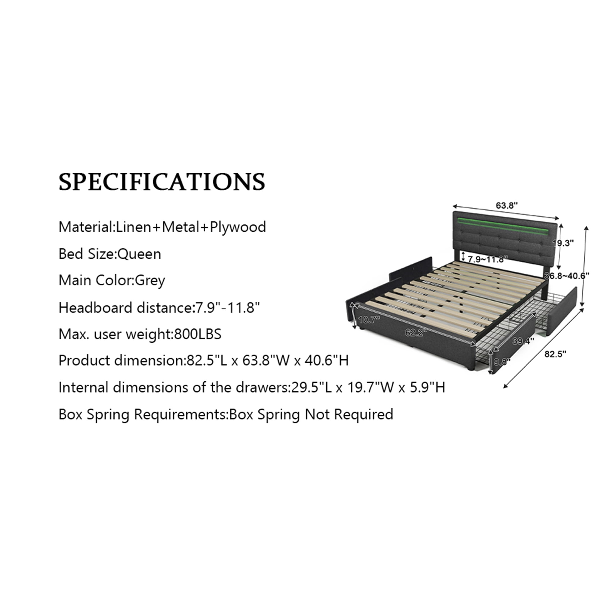 Kadyn Bed Frame Queen Size, Upholstered Platform Bed Frame with 4 Storage Drawers and LED Lights & Adjustable Headboard,No Box Spring Needed,Grey