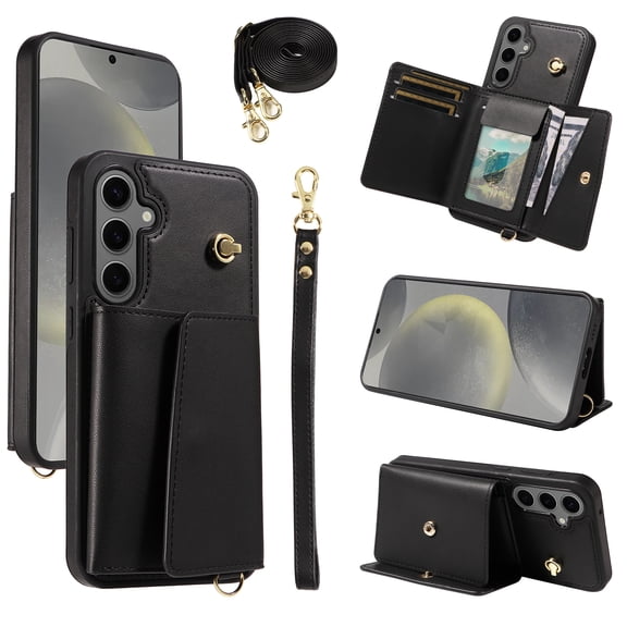 for Samsung Galaxy S24 Plus Magnetic Back Flip Wallet Case with Card Slots, PU Leather TPU Full Body Protection, with Shoulder Strap & Wrist Strap, Classic Kickstand Protective Rugged Cover, Black