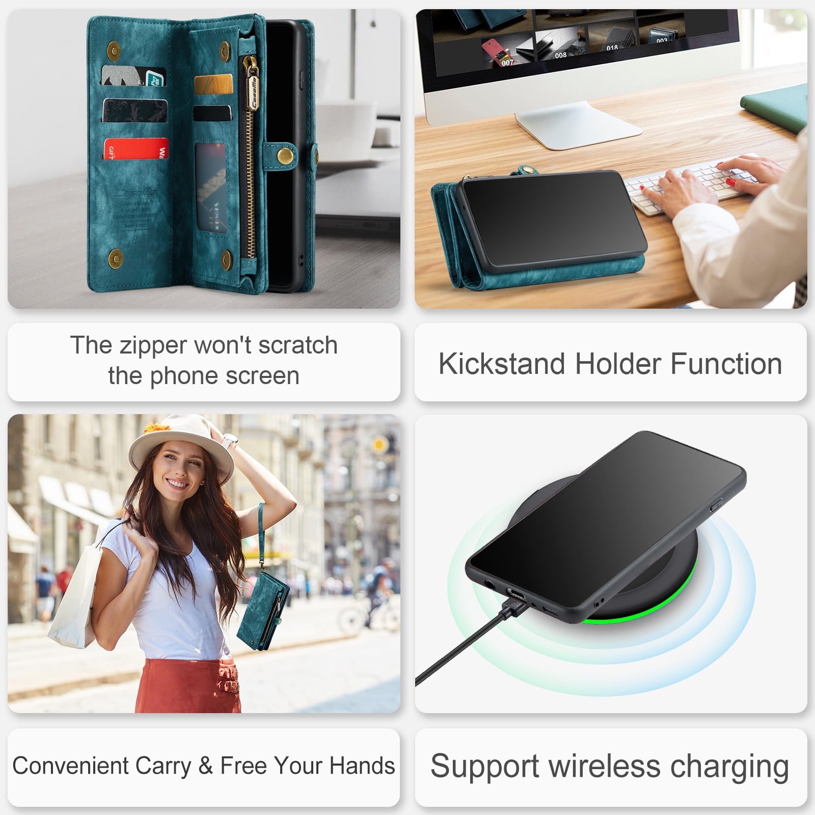 For Samsung Galaxy S10 Wallet Case,Multi-Functional Retro Leather Purse Flip Cover Zipper Wallet Case with Removable Card Slots Pocket & Detachable Wrist Strap Magnetic Phone Case, Green