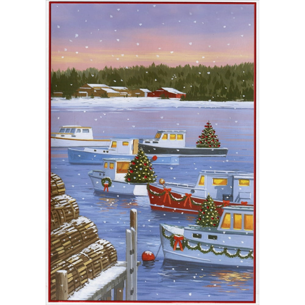 Designer Greetings Six Decorated Boats in Harbor During Winter Nautical Box of 18 Christmas