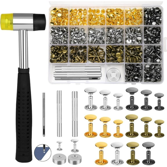 SONGAUN 240 Sets Rivets for Leather 3 Sizes Double Cap Rivets Tubular 4 Colors Leather Rivets with Rubber Hammer Fixing Tool Kit 4 Pieces for DIY Leather Craft Clothes Shoes Decoration and Repair