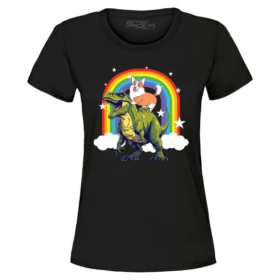 Shop4Ever Women's Funny Corgi Riding Dinosaur and Rainbow Graphic T-Shirt XX-Large Black
