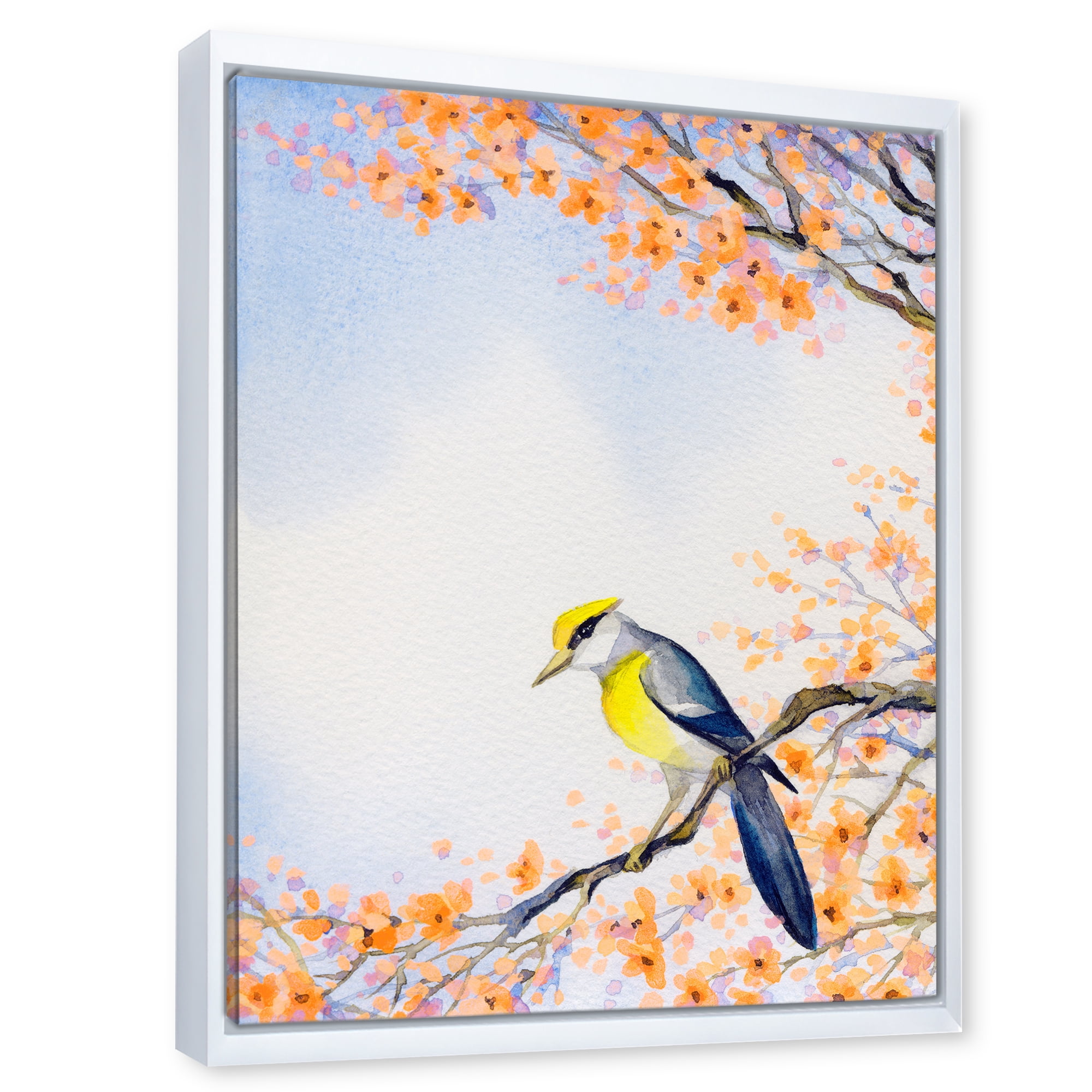 Designart 'Beautiful Blue Bird Sitting On Flowering Branch II' Traditional Framed Canvas Wall Art Print