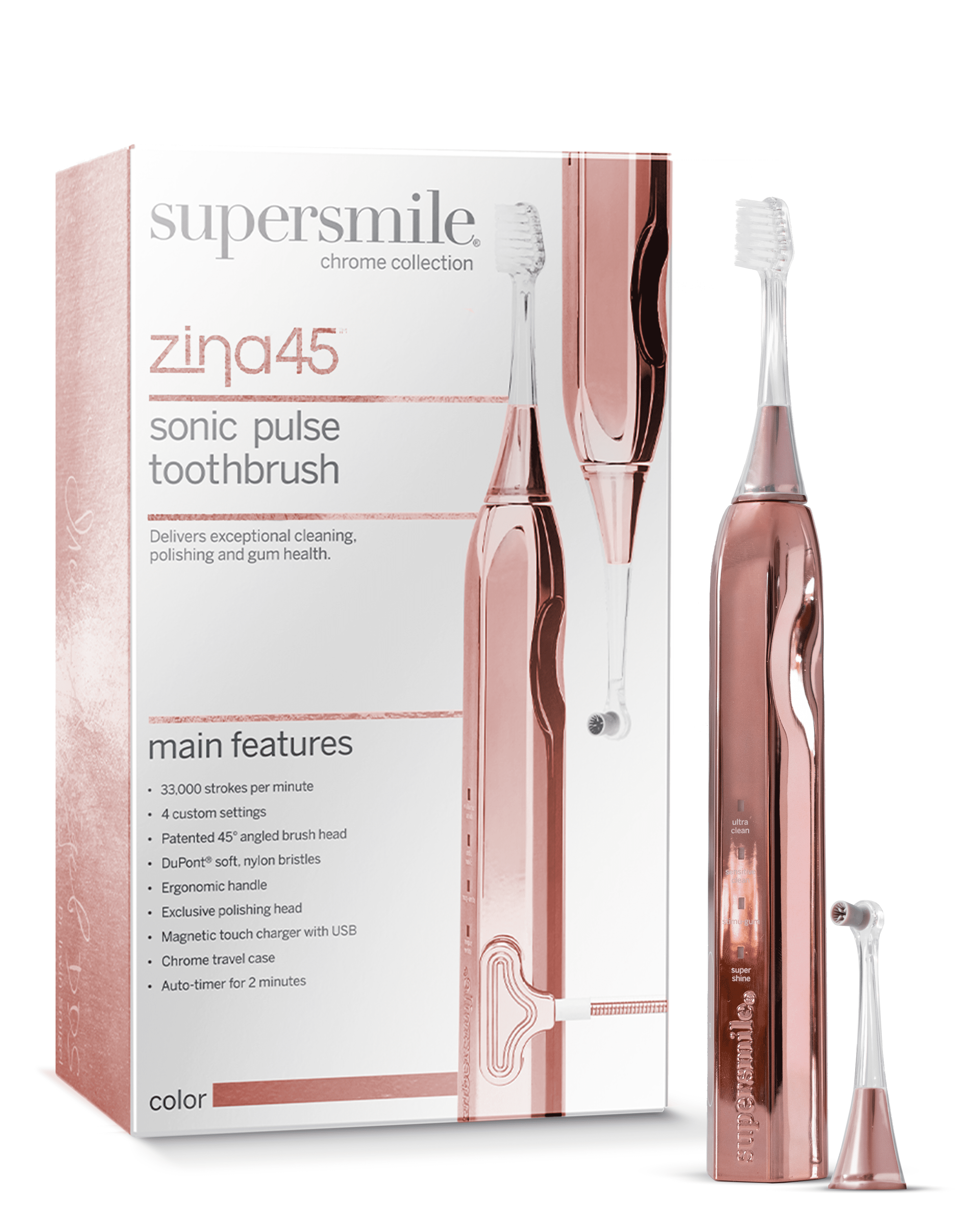 Supersmile Zina45 Deluxe Sonic Pulse Electric Toothbrush with Patented 45° Soft Bristles, USB Rechargeable Whitening Polishing Head and Travel Case for Adults & Children