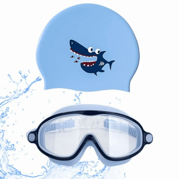 Kids Swim Goggles and Swim Cap Set for age 3-12, Anti-Fog, UV Protection, Silicone Swim Hat & Leak-Proof Goggles for Boys & Girls, Blue