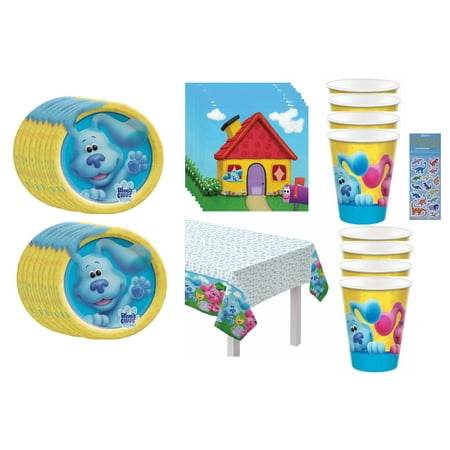 Blue's Clues Birthday CORNET Party Baby Shower Party Supplies Bundle includes 16 Lunch Paper Plates, 16 Napkins 6.5", 16 Paper Cups, 1 Table Cover, 1 Dinosaur Sticker Sheet
