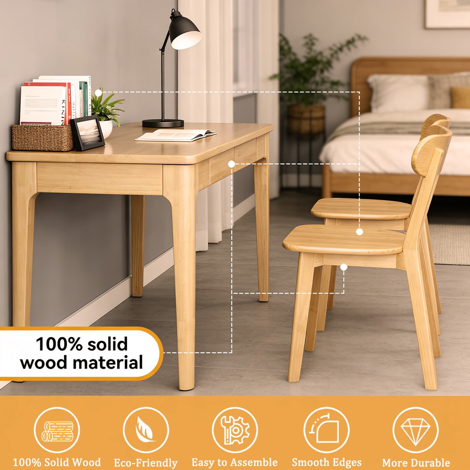 100% Natural Solid Wood Dining Chairs Set of 2 Mid Century Modern Kitchen Chairs with Curved Backrest Adjustable Foot Pads Walnut Dining Room Living Room Study Chairs, Natural