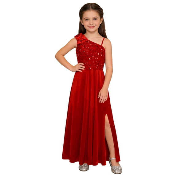 Hansber Girls Formal Dress One Shoulder Bow Sequin Slit Hem Birthday Party Dress Prom Pageant Ball Gowns Red 14