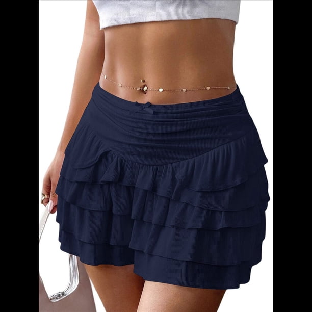 Faldas Vaporosas para Mujer, Faldas Pantalón con Volantes y Lazo, Minifaldas de Cintura Alta para Adolescentes, Faldas Pantalón de Tenis para Verano Azul Marino L