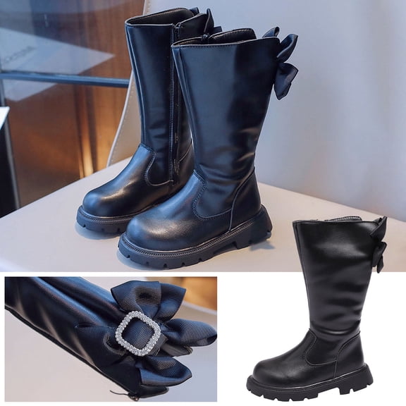 Fall New Girls' Fashion Rhinestone Bow Long Barrel High Barrel Boots Black qILAKOG Size 3.5