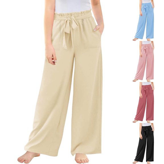 LYHaoo Girls Wide Leg Palazzo Pants High Elastic Smocked Waist Flowy Cute Long Trousers for Kids School Casual Beach(Red)