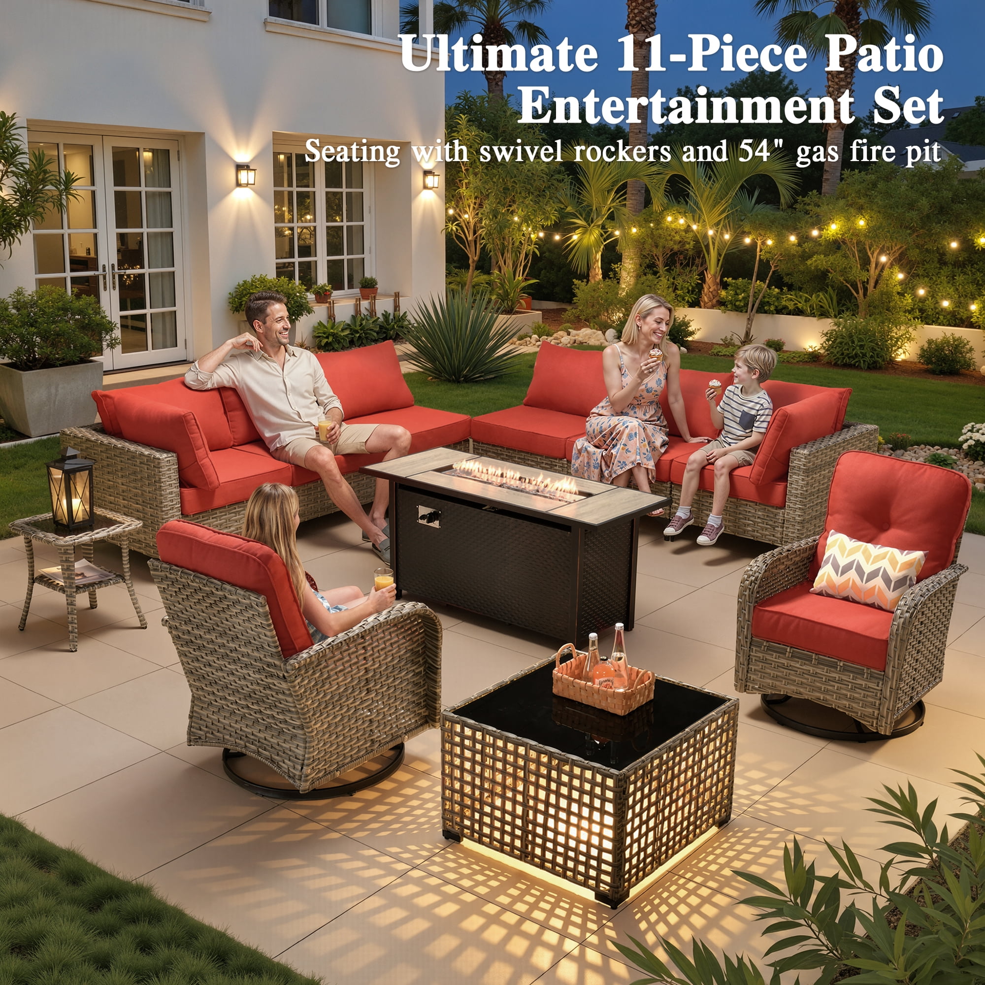 Ovios 11 Pieces Patio Furniture Set All-Weather Wicker Outdoor Sectional with 54" Fire Pit, Swivel Chairs & Solar Table