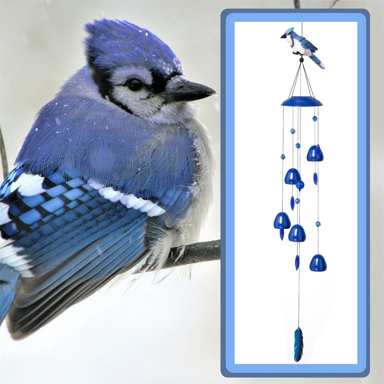 Blue Jay Bird Wind Chimes with Bells, Large Unique Birds Chimes for Garden Backyard Church Hanging Decor, 40"