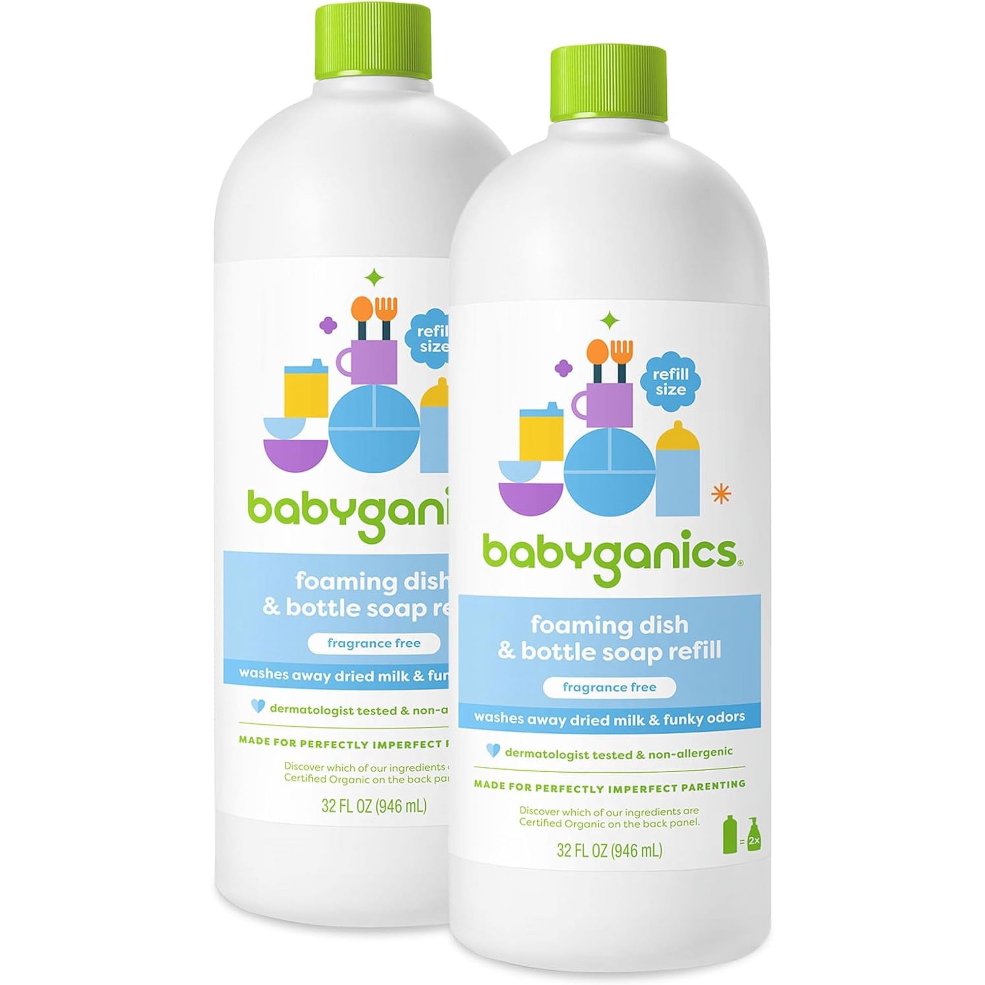 Babyganics Foaming Dish & Bottle Soap, Fragrance Free, Removes Dried Milk, 32 Fl Oz (Pack of 2), Packaging May Vary