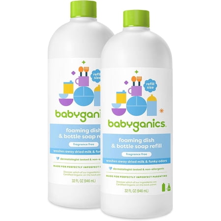 Babyganics Foaming Dish & Bottle Soap, Fragrance Free, Removes Dried Milk, 32 Fl Oz (Pack of 2), Packaging May Vary