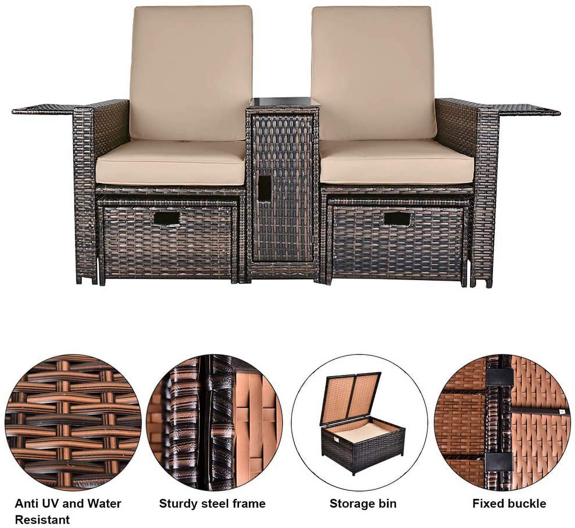 LVUYOYO 5pcs Patio Wicker Loveseat - Outdoor Rattan Sofa Set with Cushion - Wicker Furniture for Garden - image 4 of 7