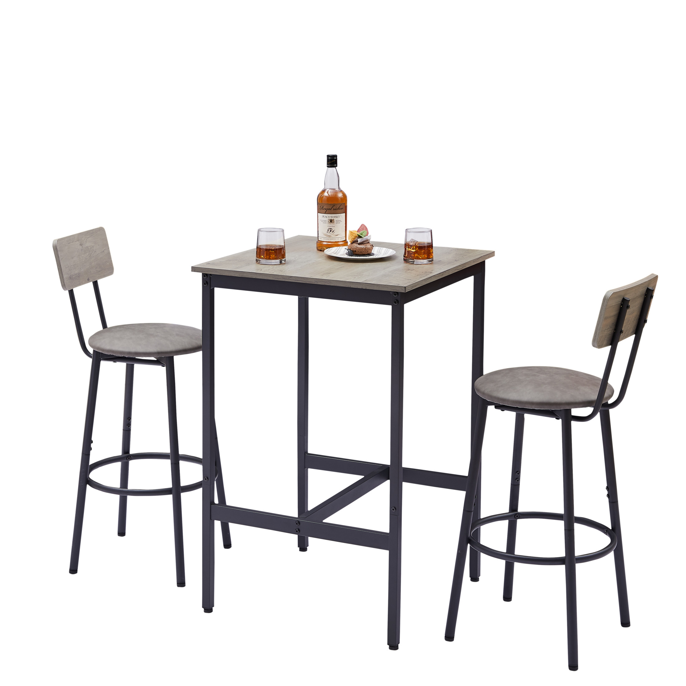 Noble House Industrial 3-Piece Bar Set, Space-Saving Square Pub Table with 2 PU Upholstered Stools, Grey