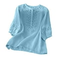 thumbnail image 2 of Blue Womens Blouses Embroidered Tops for Women Floral Cotton Linen Tunic Tshirt Tee Women 3/4 Sleeve V Neck Button Boho Ethnic Ladies Tops and Blouses, 2 of 5