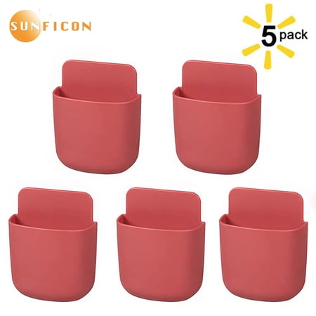 SUNFICON 5 Pack Remote Control Holder Wall Mount Holders Hole-Free Phone Charging Organizer Pen Storage Containers For Home Office School Supply Storage (Red)