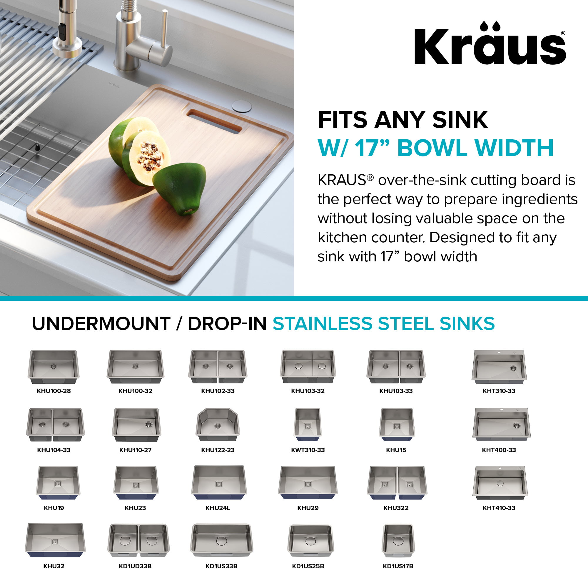 Organic Solid Bamboo Cutting Board with Built-In Grooves - Designed for  Kraus Kitchen Sink Workstations by Kraus