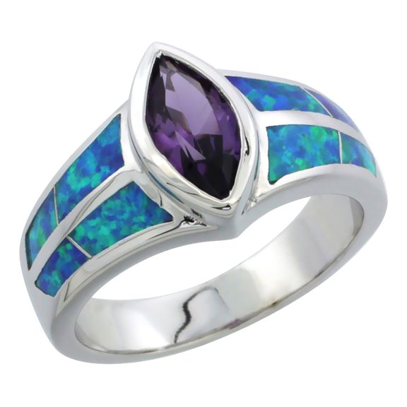 925 Sterling Silver Synthetic Blue Opal Marquise CZ Amethyst Ring 11mm
