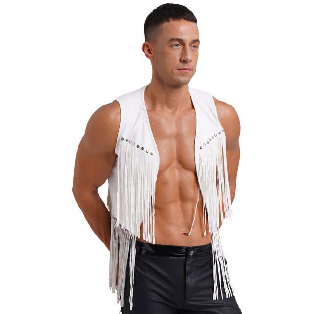 TiaoBug Men's Cowboy Fringe Waistcoat Sleeveless Jacket Cardigan Western Cowboy Tops White XXL