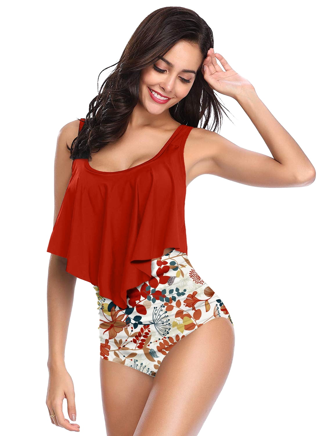 KISSMODA Womens 2 Piece Ruffle Bathing Suits Adjustable Tank with