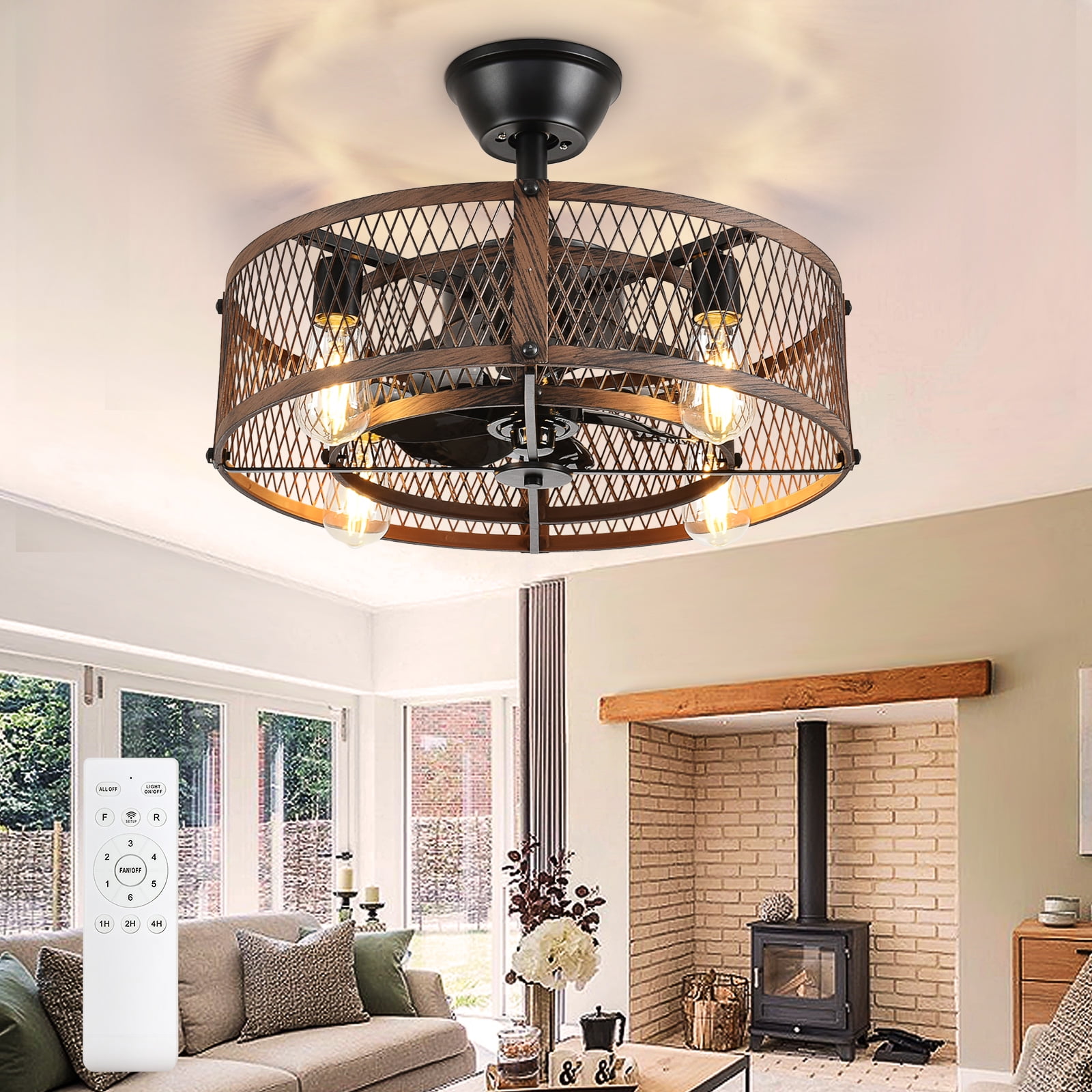 20-Inch Walnut Outdoor Ceiling Fan with Light: Ceiling Fan with Smart Remote Control, Farmhouse Cage Design, 6-Speed Reversible - Flush Mount for Patio, Kitchen, Bedroom