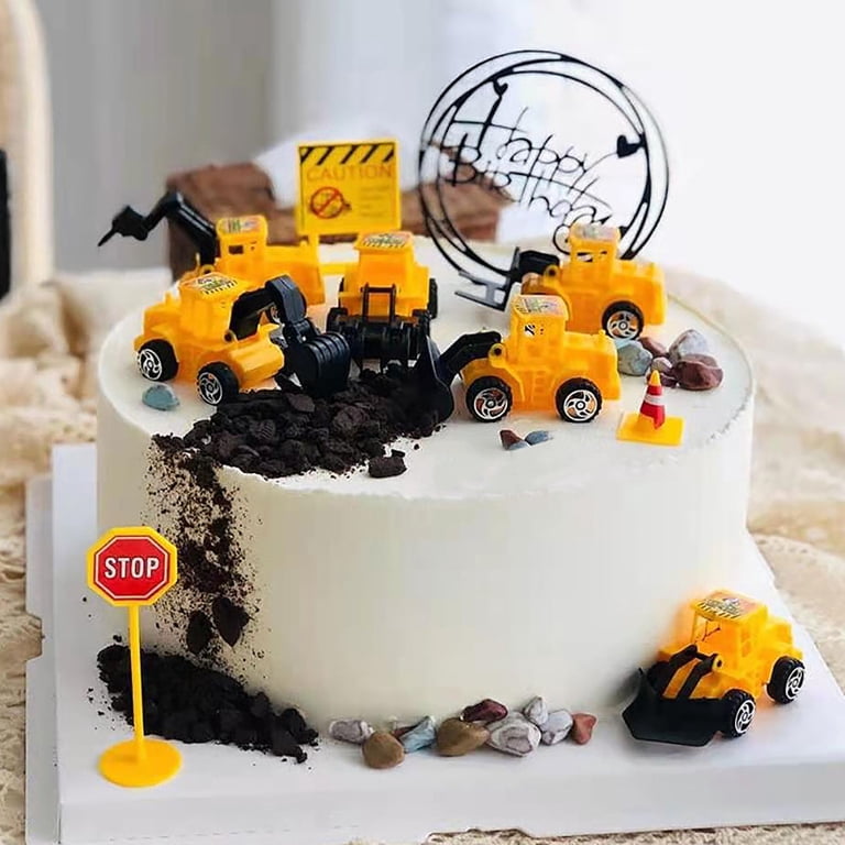 Construction Excavator Cake Topper - Happy Birthday Decoration For Kids Boys Party - Glitter Paper & Bamboo Stick