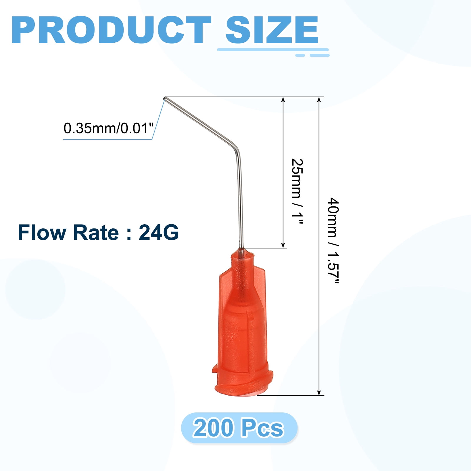 200 Pack Blunt Tip Dispensing Needles, 24Ga Gauge Stainless Steel 45 Degrees Bent Dispensing Tips with Luer Lock 1" End Angled Blunt Dispenser Needle, Orange-red