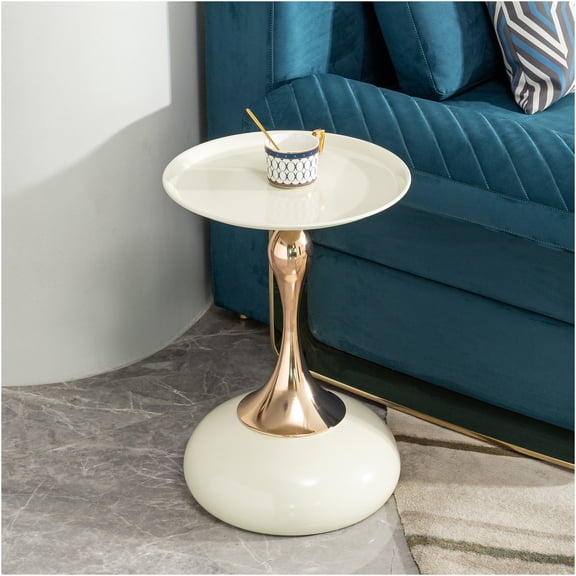 JERFIT Modern Round Side Table, Small Accent End Table with Gold Base for Living Room, Bedroom, Office - Milk White