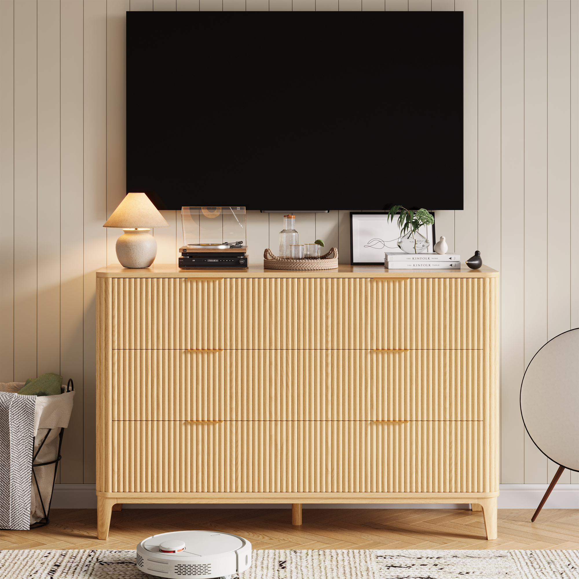 UGTOO 45.2"L 6-Drawers Dresser, Natural Wood Storage Cabinet for Bedroom & Living Room Slim Space-Saving Organizer with Smooth Gliding Drawers, 25 lbs/Drawer Capacity
