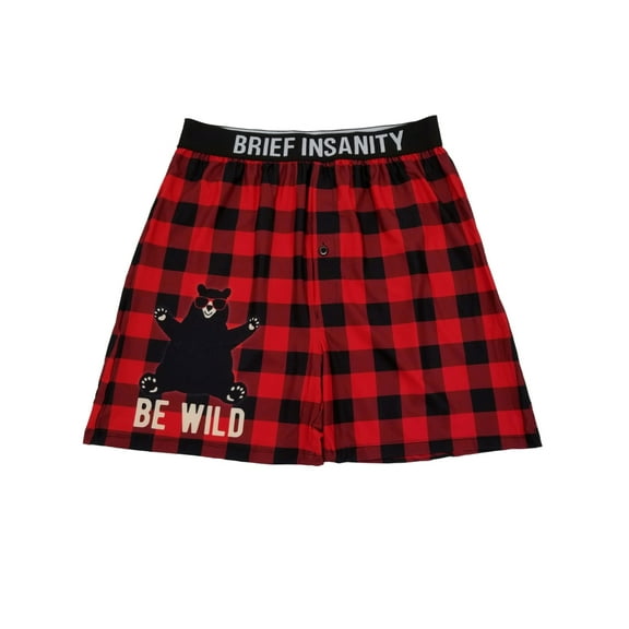 Brief Insanity Mens Red Buffalo Plaid Be Wild Bear Boxer Shorts S