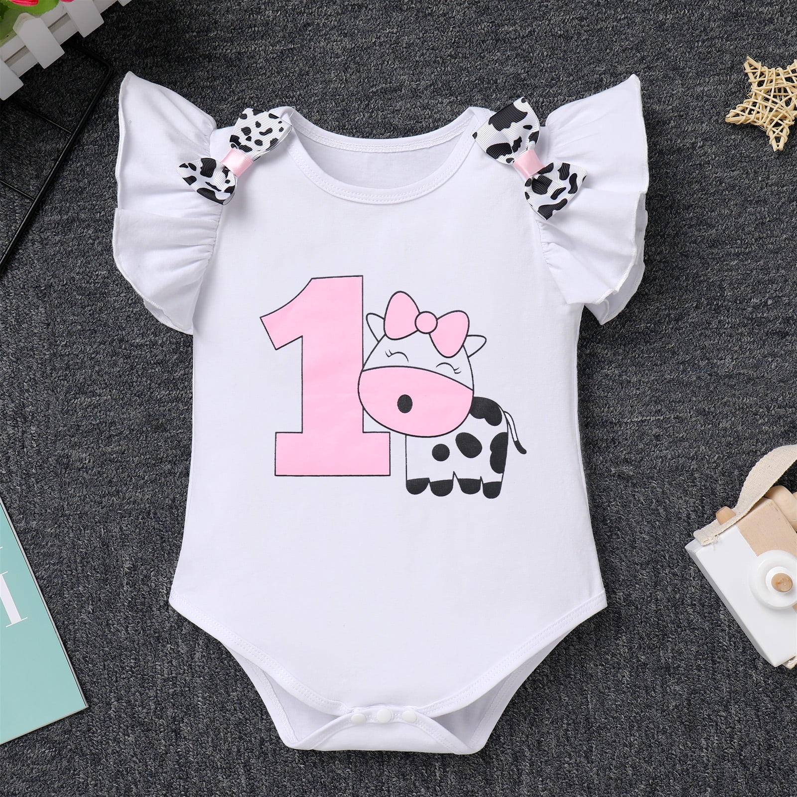 IBTOM CASTLE Baby Girl 1st Birthday Outfit Farm Cow Romper Tutu Skirt Headband Cake Smash Photo Shoot Clothes