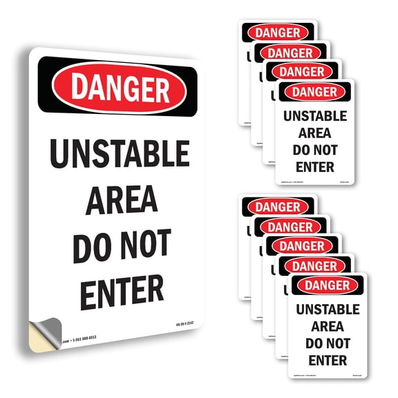 Unstable Area Do Not Enter OSHA Danger Vinyl Decal Label 18 Inch x 12 Inch - 10 Pack