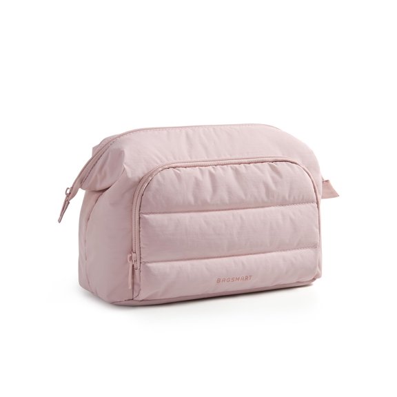 BAGSMART Makeup Bag Travel Toiletry Bag, Puffy Padded Make Up Bags for Women, Makeup Organizer Wide-open Pouch Purse, Travel Essentials for Toiletries Accessories Brushes, Pink
