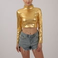 thumbnail image 2 of UYISJ Women's Shiny Metallic Liquid Crop Top Long Sleeve Mock Neck Turtleneck Slim Fitted Crop Top Clubwear Going out Shirts Gold S, 2 of 7