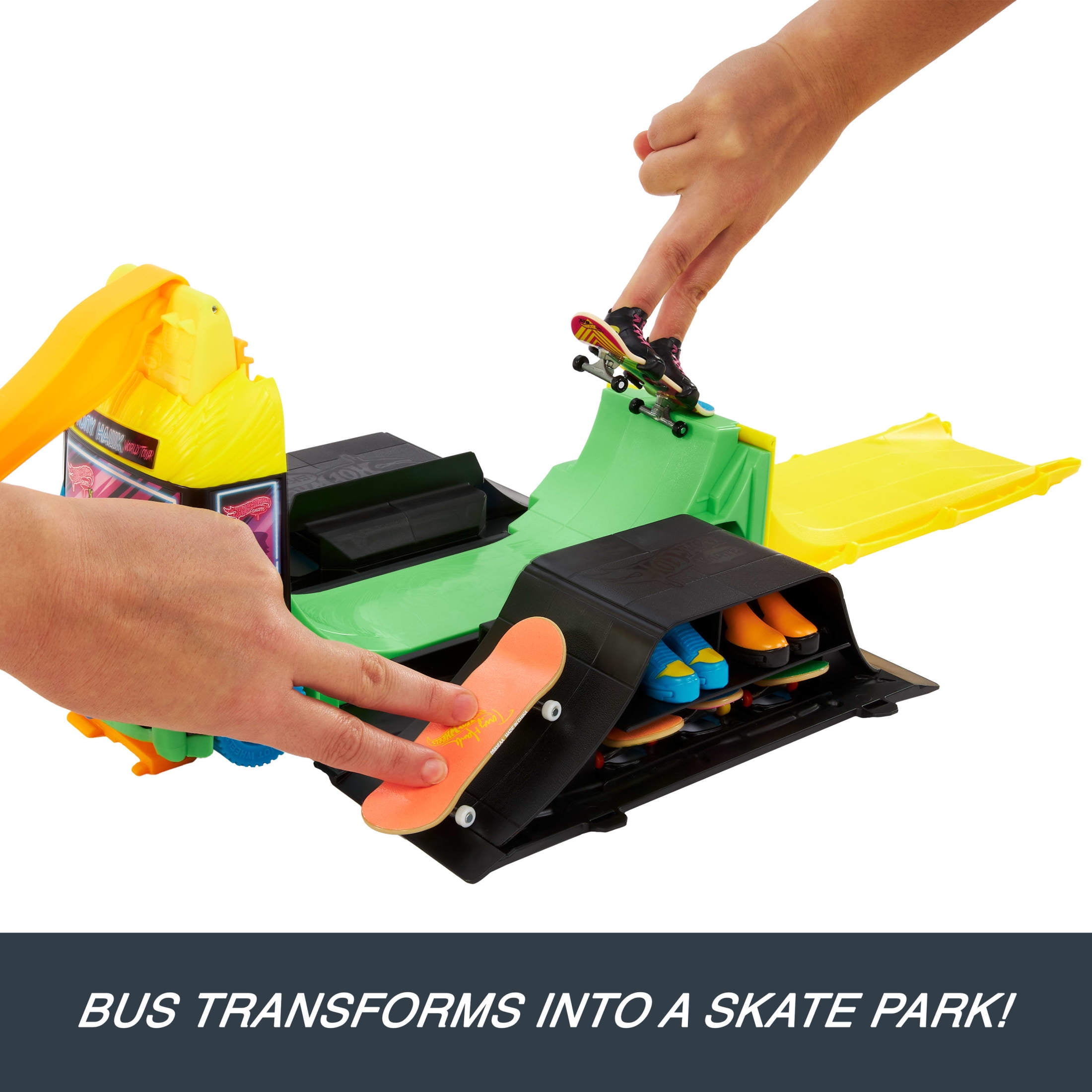 Hot Wheels Skate Tony Hawk Transforming Skate Bus with 1 Exclusive