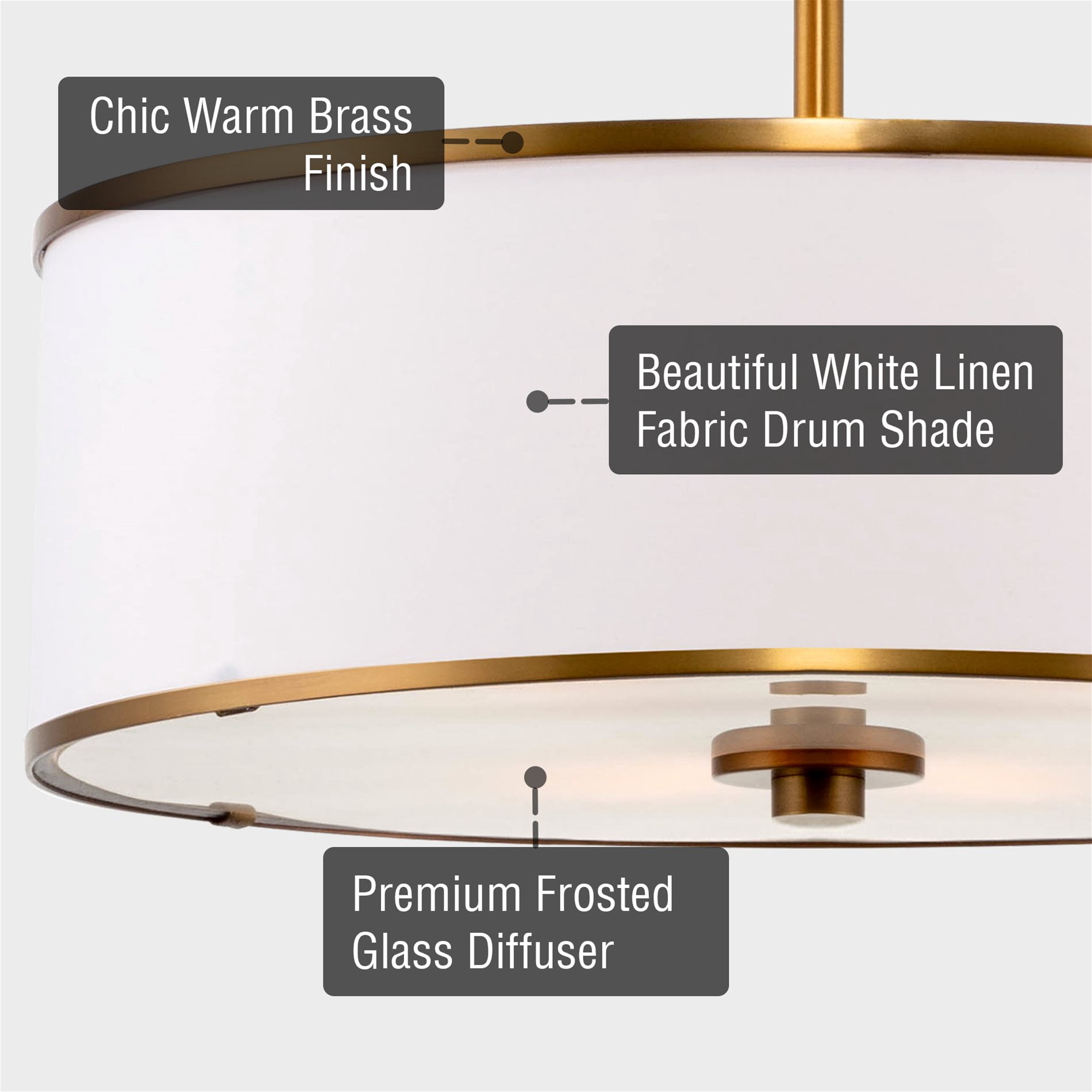 Kira Home Chloe 15" Gold Semi-Flush Mount Ceiling Light, White Fabric Drum Shade, Hanging, Glass Diffuser, Warm Brass