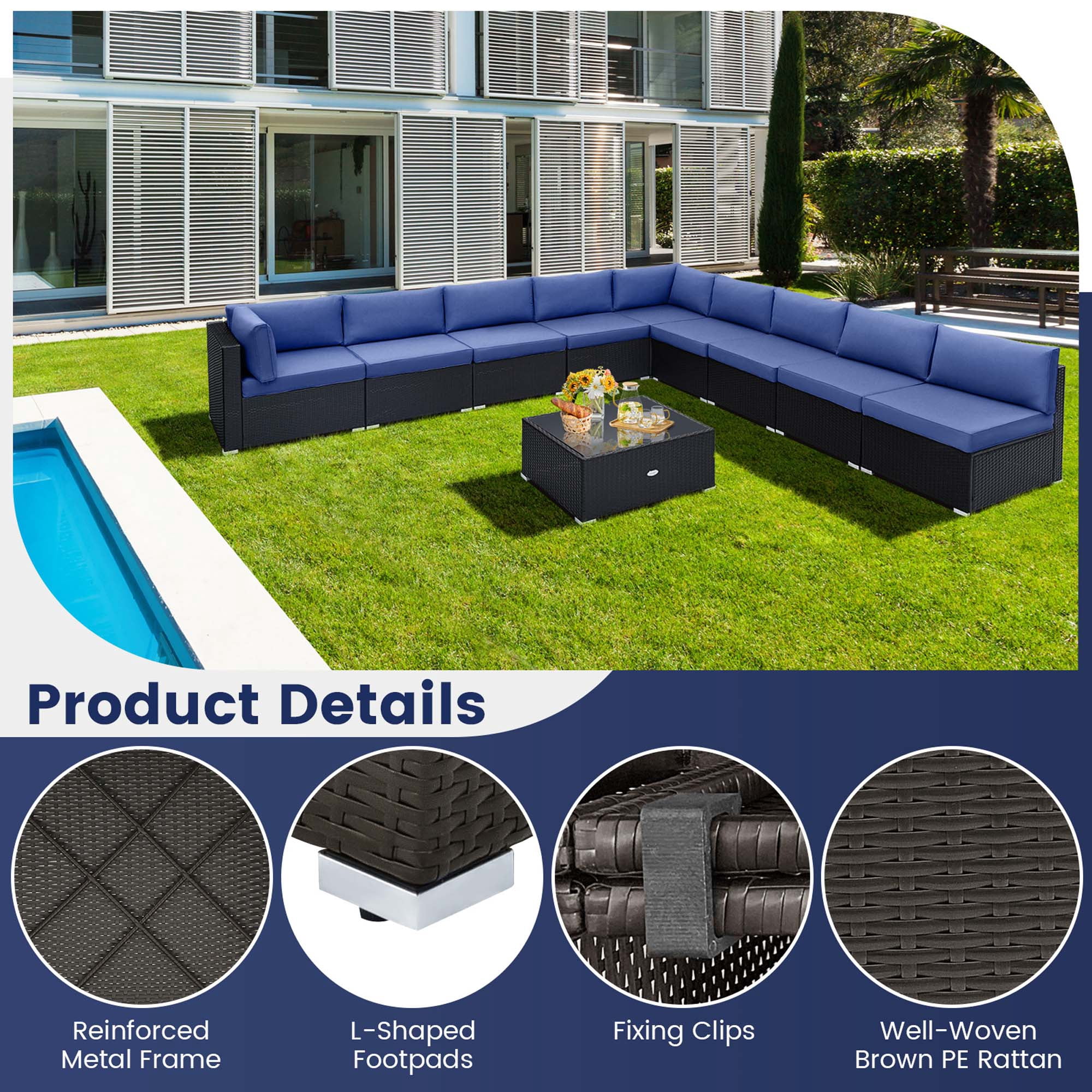 Costway 10 PCS Patio Rattan Furniture Set Outdoor Wicker Sofa Table Cushioned Seat Navy