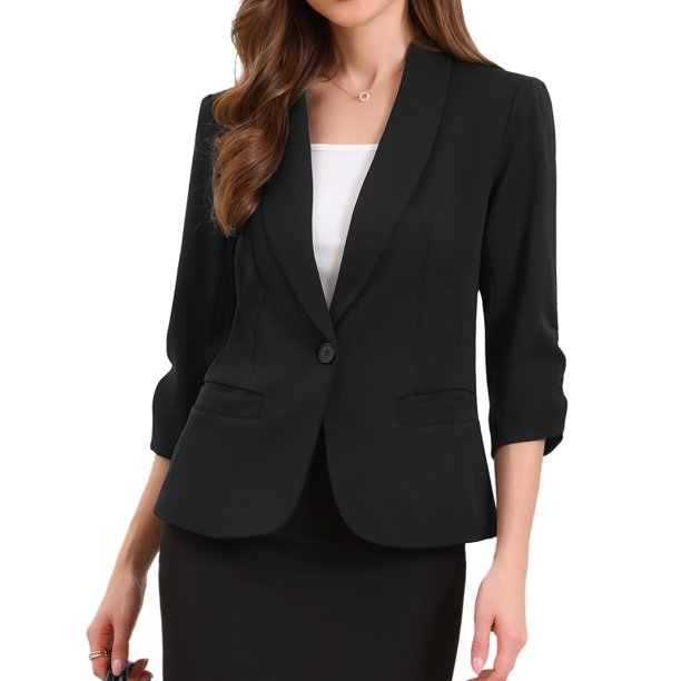 Blazer de solapa inspirador para mujeres, mangas 3/4, con bolsillo, de un solo botón, traje de trabajo, XS, negro